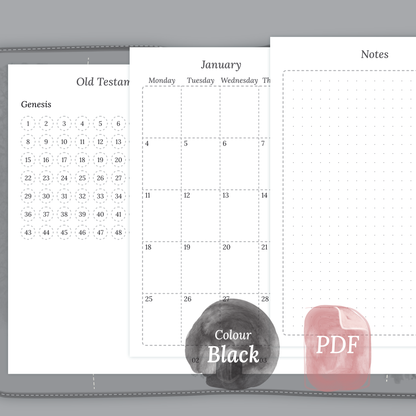 Black & White themed Catholic Bible journey map, Monthly and Notes for Pocket Ring Binder planner