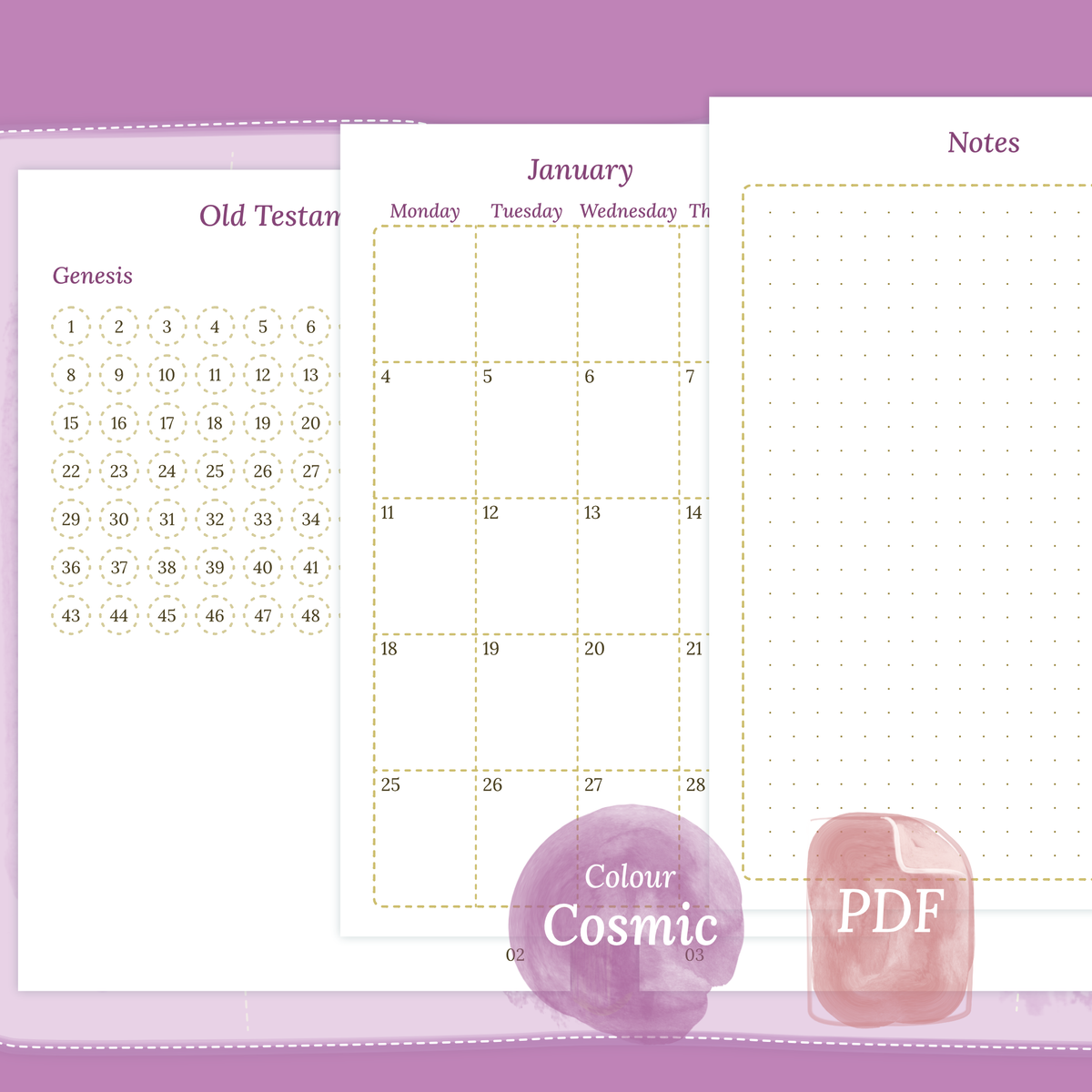 PDF printable Catholic Bible study kit inserts Catholic Bible journey map, Monthly and Notes in Cosmic/Raspberry