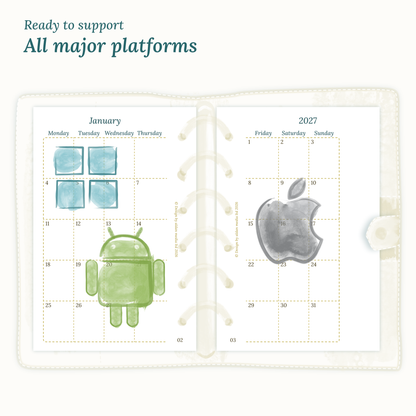 Open planner insert next to Windows, Android, and Apple logos indicating operating system compatibility