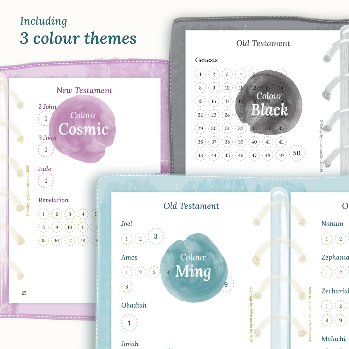 Three colour variants of the Catholic Bible study kit design themes Cosmic/Raspberry, Black, and Ming/Blue Green