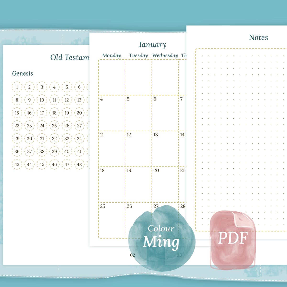 Pocket PDF printable Catholic Bible study kit inserts Bible journey map, Monthly and Notes colour Ming/Blue Green