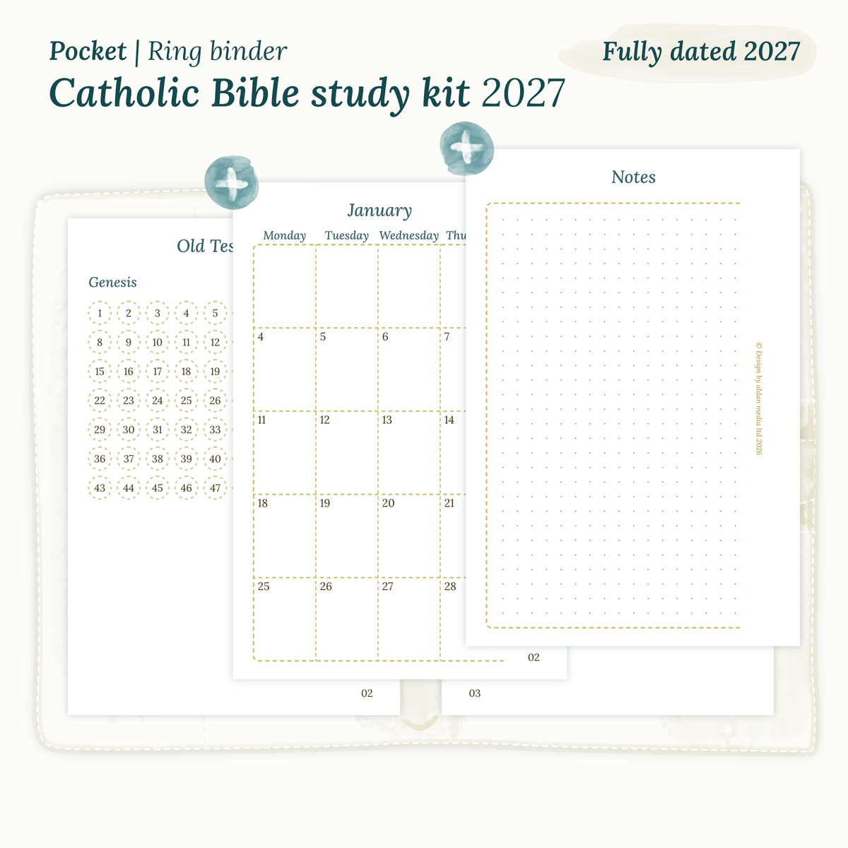 Fully dated 2027 PDF printable Catholic Bible study kit for Pocket ring binder planner including monthly calendar