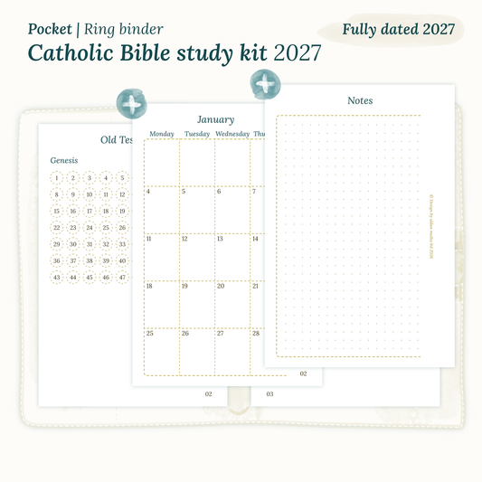 Fully dated 2027 PDF printable Catholic Bible study kit for Pocket ring binder planner including monthly calendar