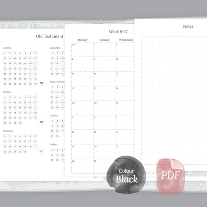 Black & White themed Catholic Bible journey map, Monthly and Notes for A5 Ring Binder planner