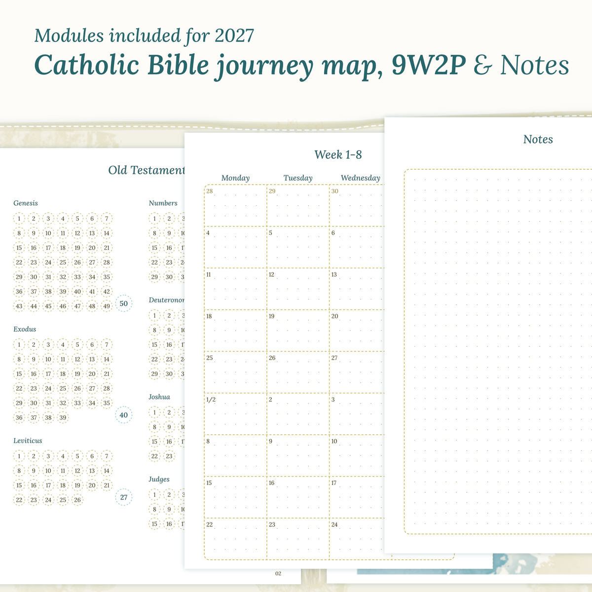 Modules Catholic Bible journey map, monthly and notes for PDF printable inserts 2027