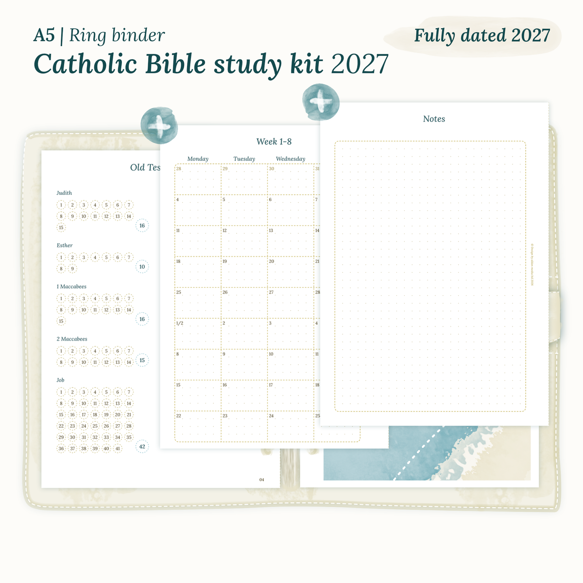 Fully dated 2027 PDF printable catholic Bible study kit for A5 ring binder planner including monthly calendar