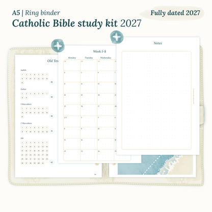 Fully dated 2027 PDF printable catholic Bible study kit for A5 ring binder planner including monthly calendar
