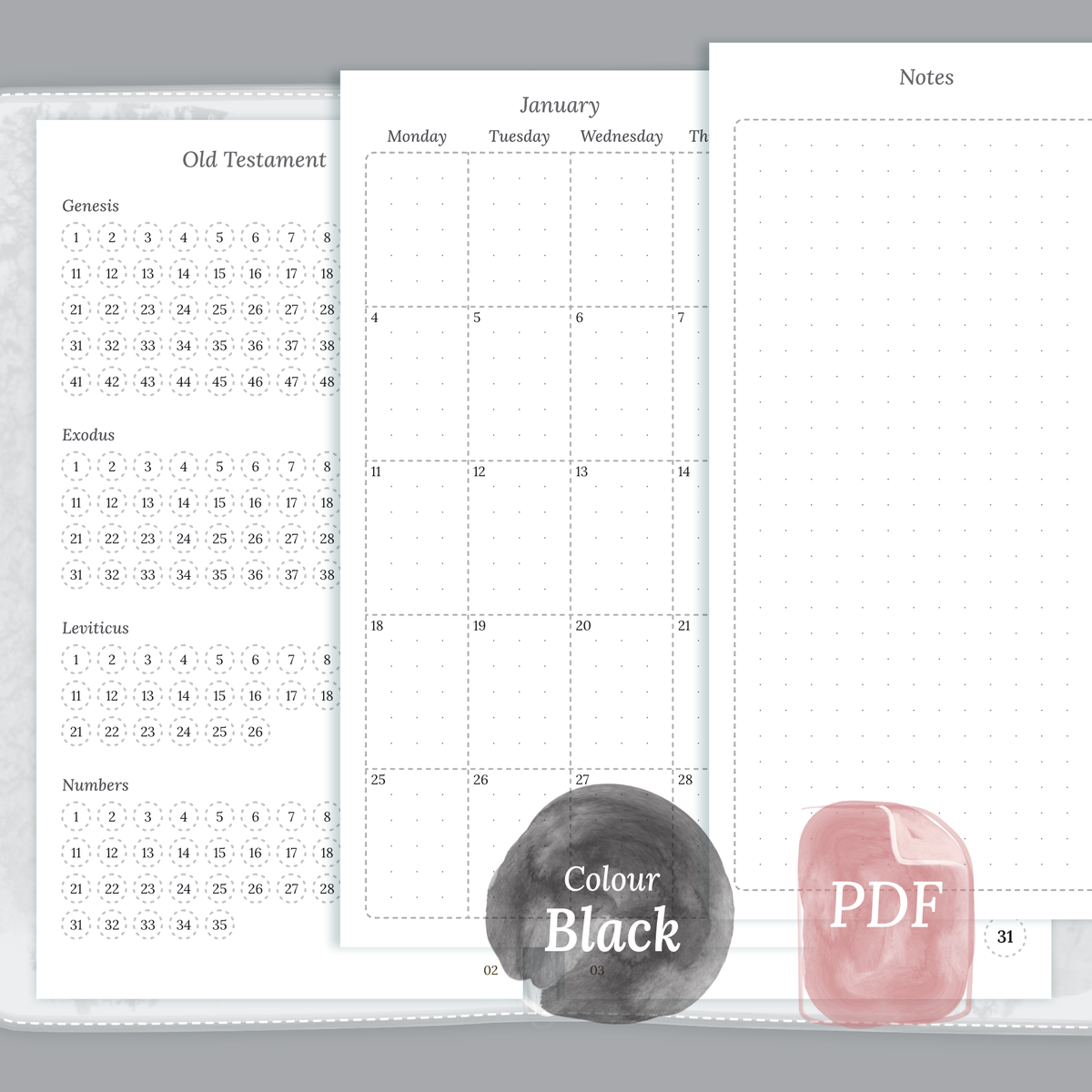 Black & White themed Catholic Bible journey map, Monthly and Notes for Personal Ring Binder planner