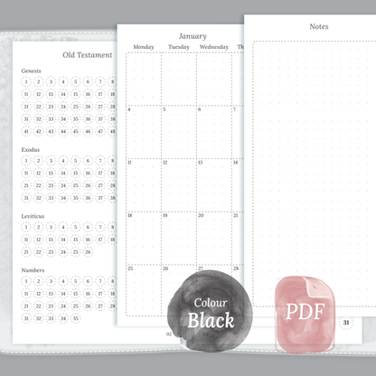 Black & White themed Catholic Bible journey map, Monthly and Notes for Personal Ring Binder planner