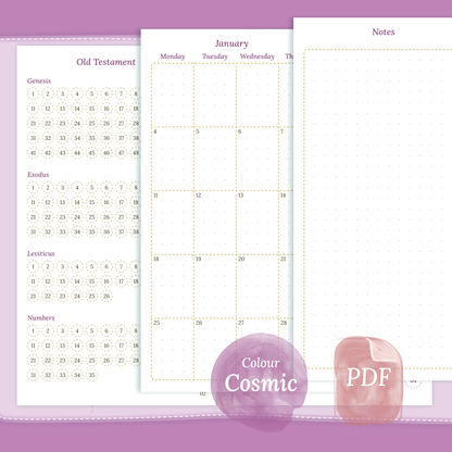 PDF printable Catholic Bible study kit inserts Catholic Bible journey map, Monthly and Notes in Cosmic/Raspberry