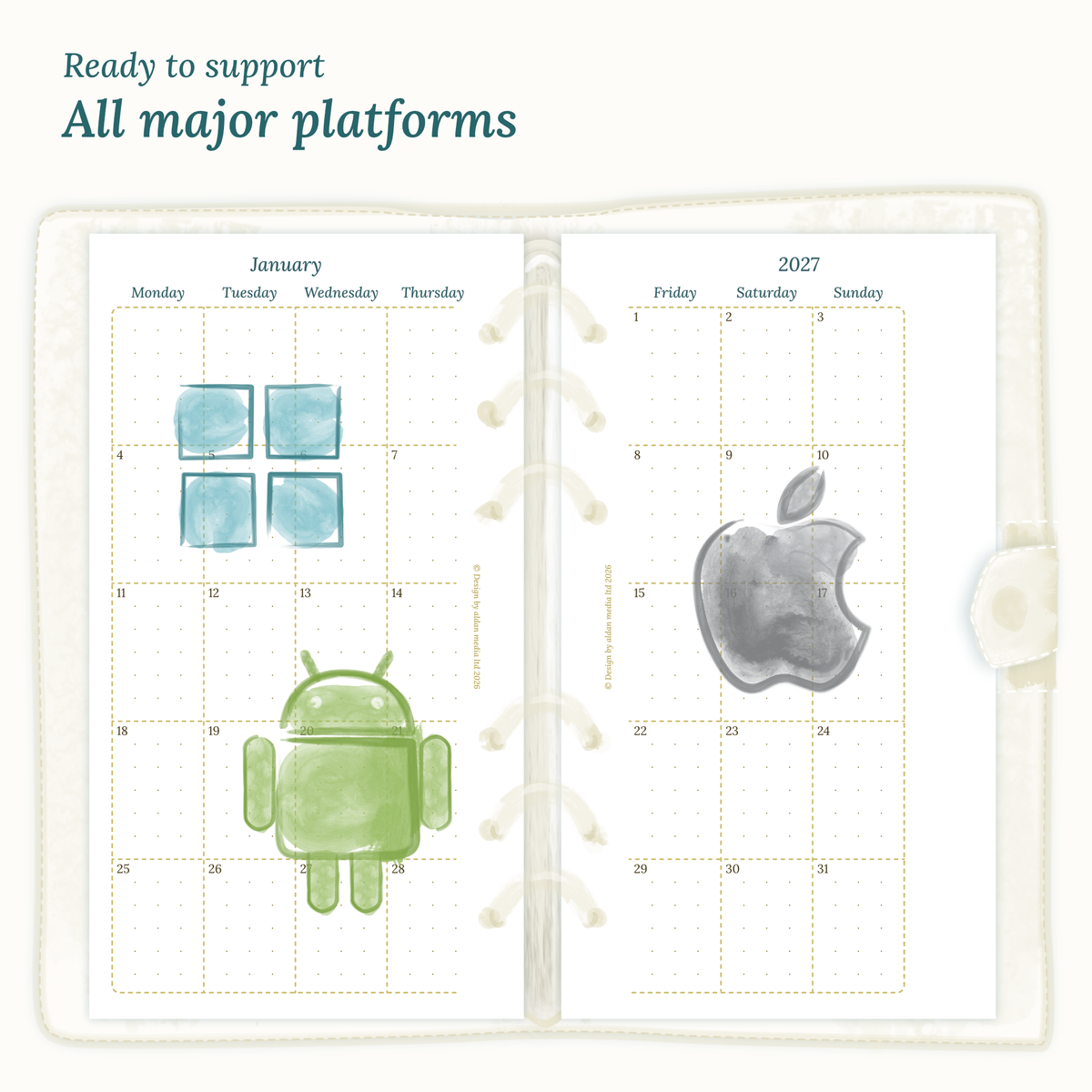 Open planner insert next to Windows, Android, and Apple logos indicating operating system compatibility