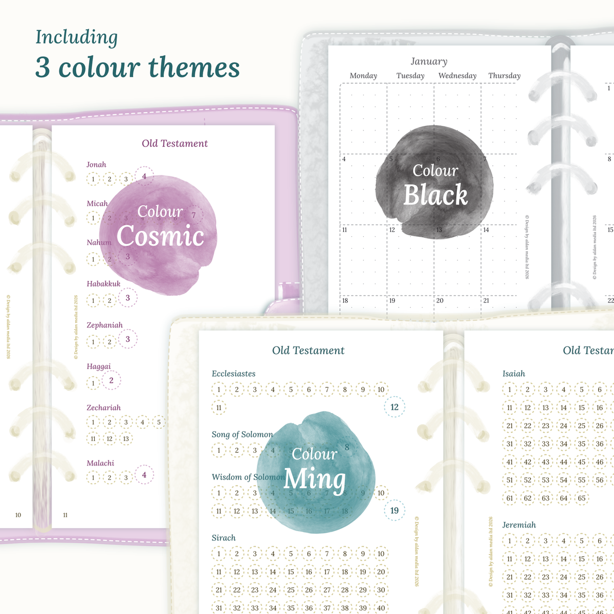 Three colour variants of the Catholic Bible study kit design themes Cosmic/Raspberry, Black, and Ming/Blue Green