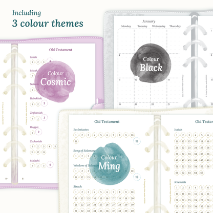 Three colour variants of the Catholic Bible study kit design themes Cosmic/Raspberry, Black, and Ming/Blue Green