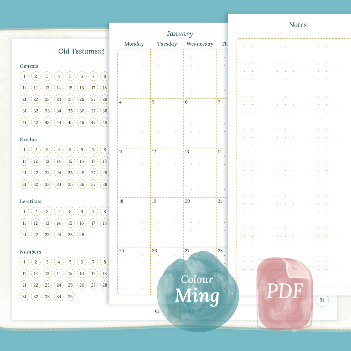 Personal PDF printable Catholic Bible study kit inserts Bible journey map, Monthly and Notes colour Ming/Blue Green