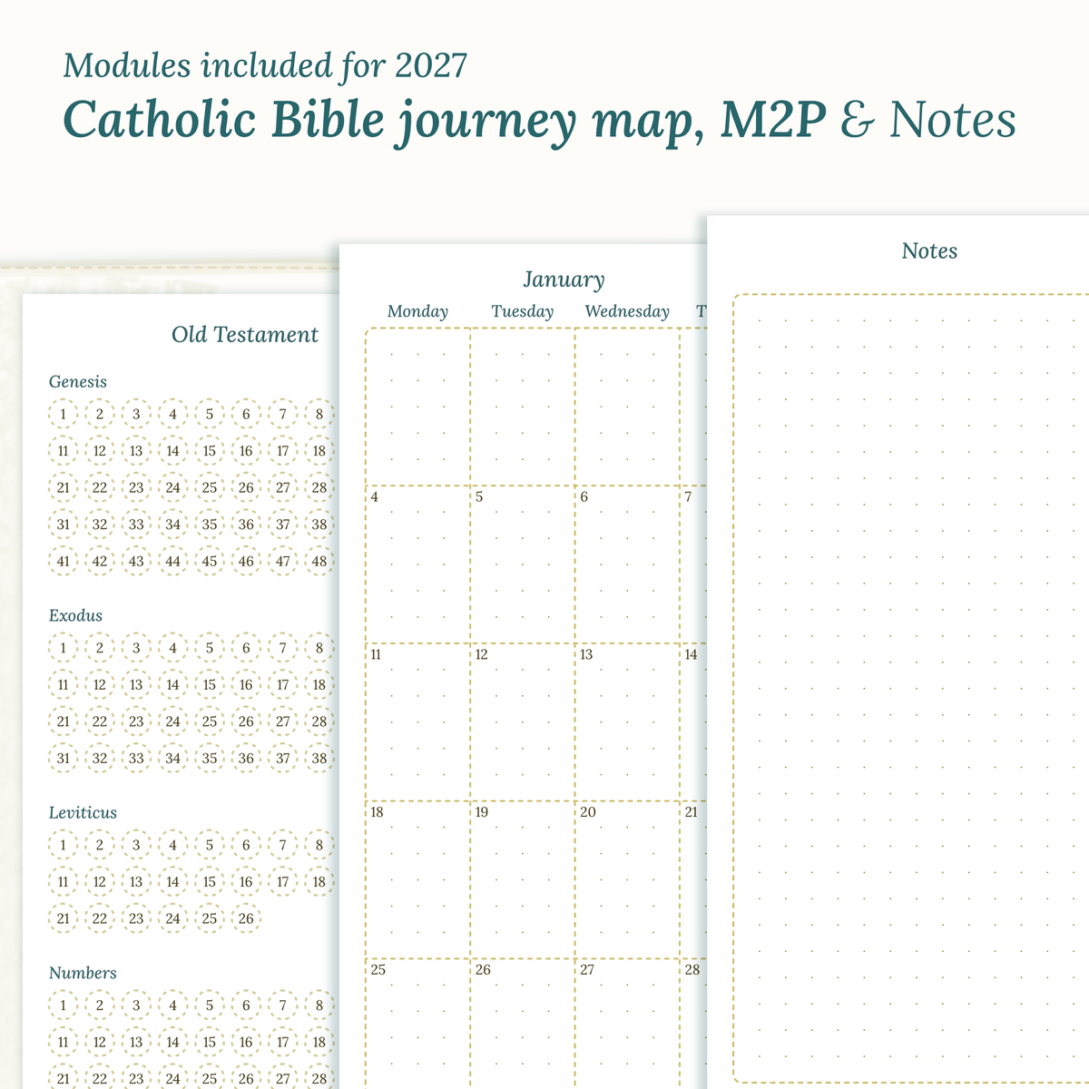 Modules Catholic Bible journey map, monthly and notes for PDF printable inserts 2027
