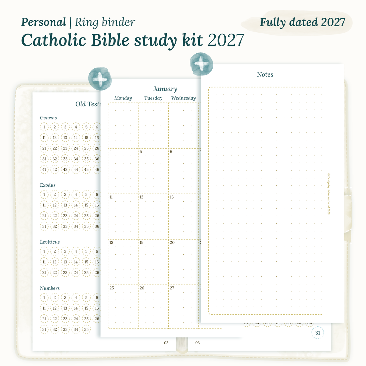 Fully dated 2027 PDF printable Catholic Bible study kit for Personal ring binder planner including monthly calendar