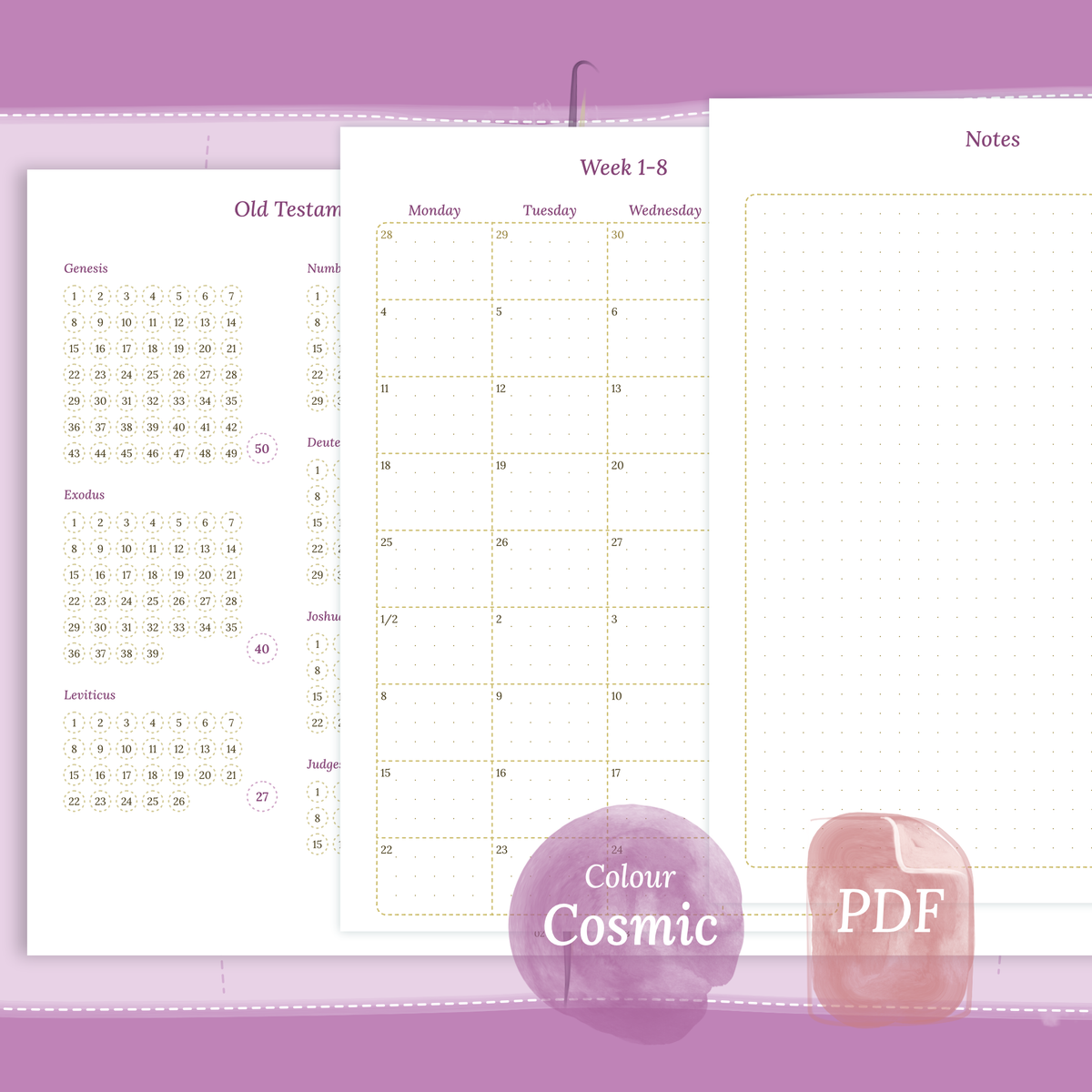 PDF printable Catholic Bible study kit inserts Catholic Bible journey map, Monthly and Notes in Cosmic/Raspberry
