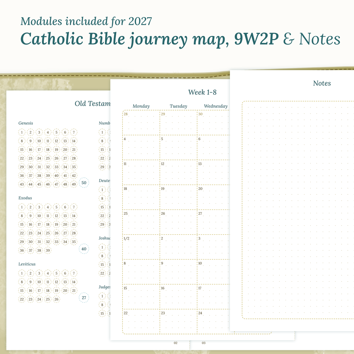 Modules Catholic Bible journey map, monthly and notes for PDF printable inserts 2027