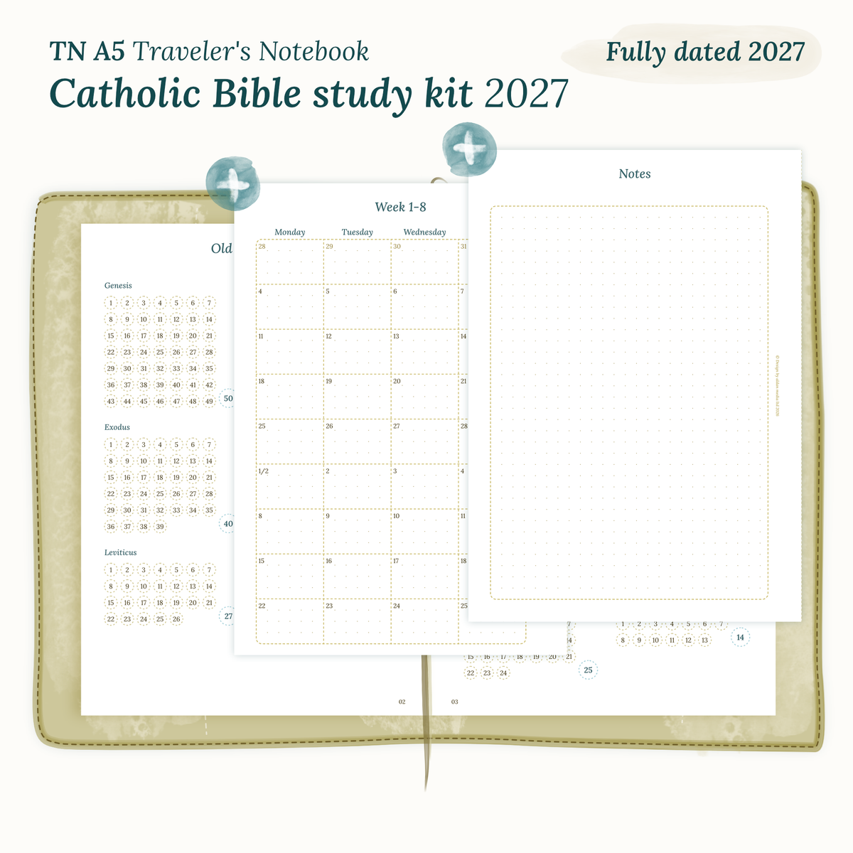 Fully dated 2027 PDF printable Catholic Bible study kit for TN A5 Traveler's Notebook including monthly calendar
