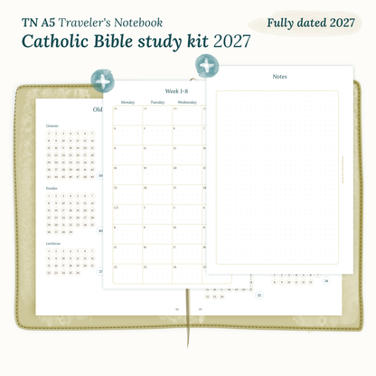 Fully dated 2027 PDF printable Catholic Bible study kit for TN A5 Traveler's Notebook including monthly calendar