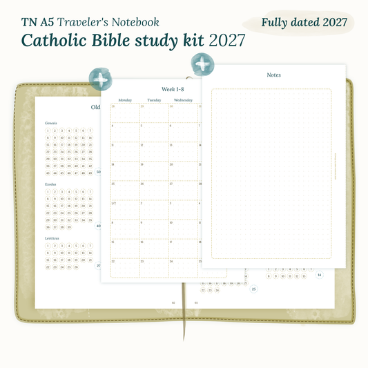 Fully dated 2027 PDF printable Catholic Bible study kit for TN A5 Traveler's Notebook including monthly calendar
