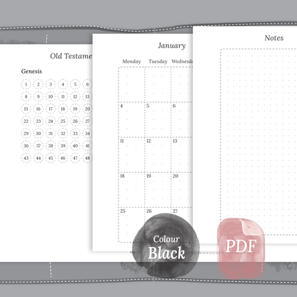 Black & White themed Catholic Bible journey map, Monthly and Notes for TN Passport Traveler’s Notebook planner
