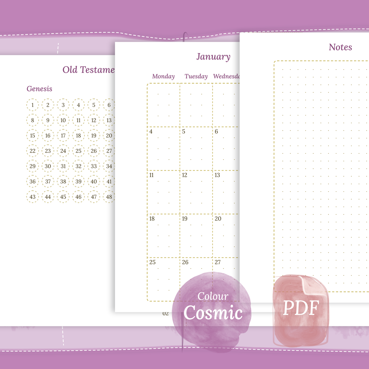PDF printable Catholic Bible study kit inserts Catholic Bible journey map, Monthly and Notes in Cosmic/Raspberry