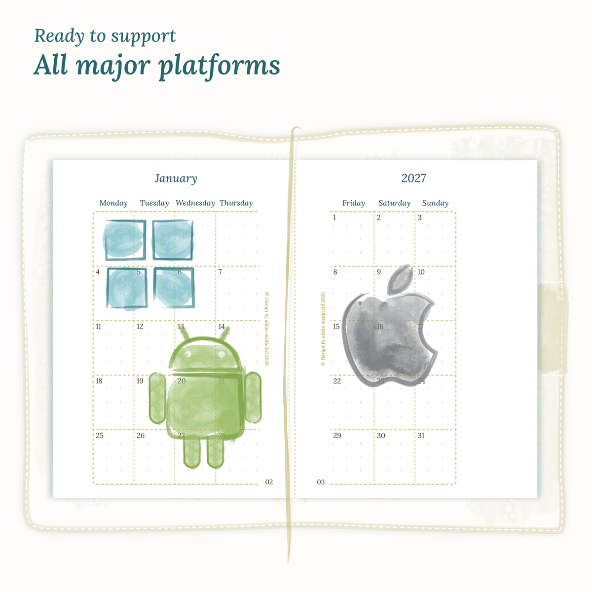 Open planner insert next to Windows, Android, and Apple logos indicating operating system compatibility