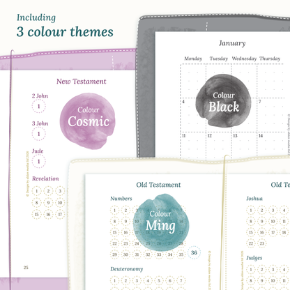 Three colour variants of the Catholic Bible study kit design themes Cosmic/Raspberry, Black, and Ming/Blue Green