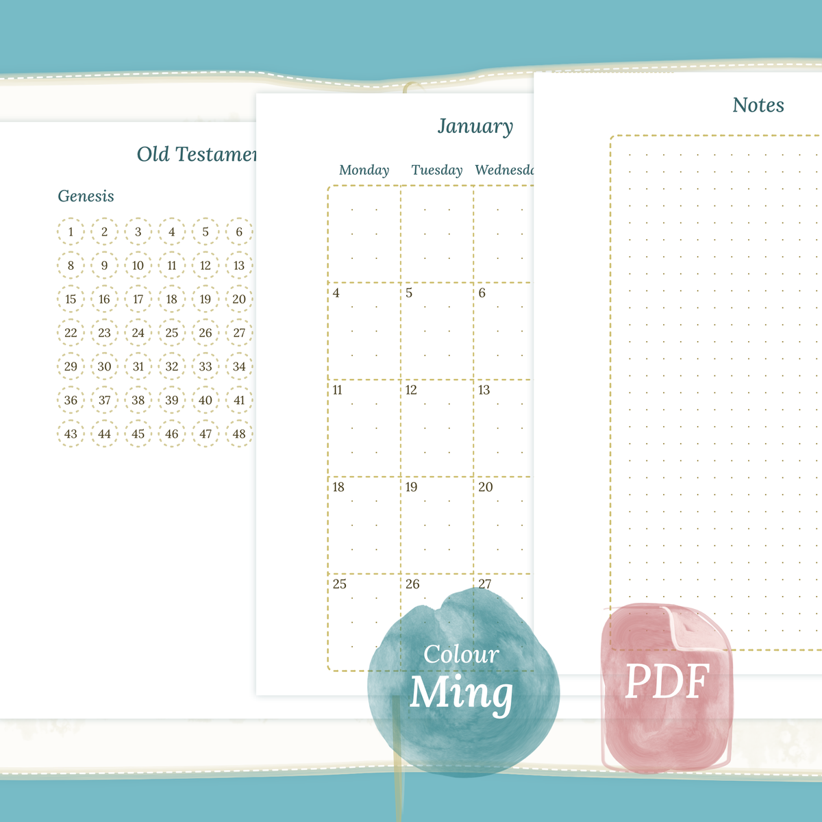 TN Passport PDF printable Catholic Bible study kit inserts Bible journey map, Monthly and Notes colour Ming/Blue Green