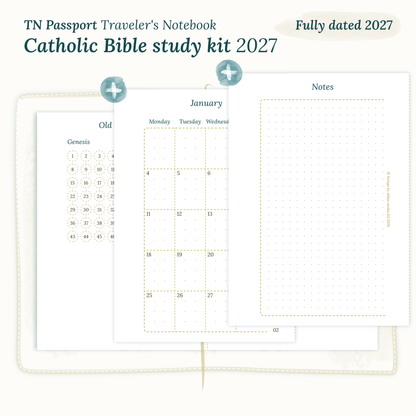 Fully dated 2027 PDF printable Catholic Bible study kit for TN Passport Traveler's Notebook including monthly calendar