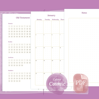 PDF printable Catholic Bible study kit inserts Catholic Bible journey map, Monthly and Notes in Cosmic/Raspberry