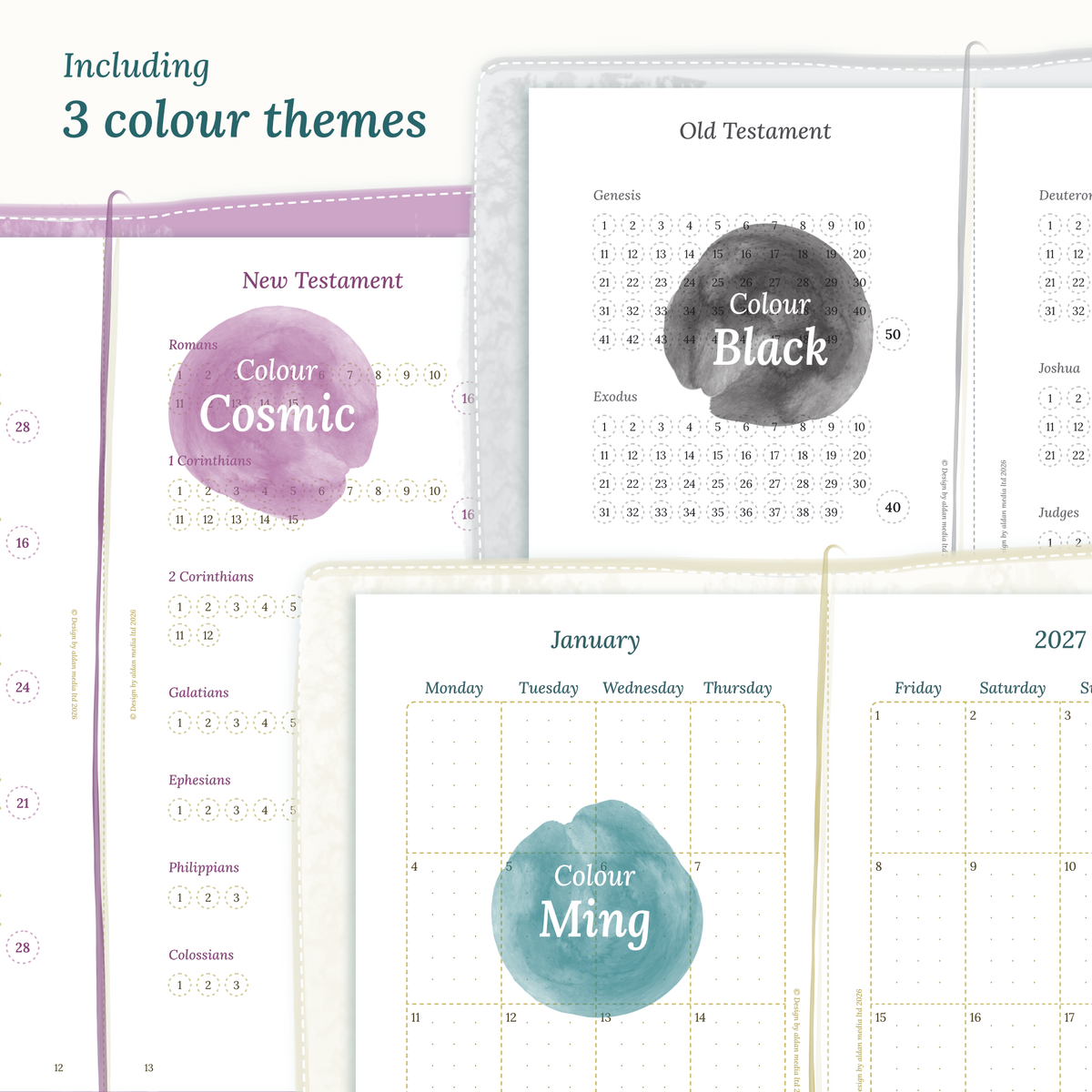 Three colour variants of the Catholic Bible study kit design themes Cosmic/Raspberry, Black, and Ming/Blue Green