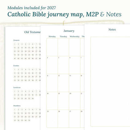 Modules Catholic Bible journey map, monthly and notes for PDF printable inserts 2027
