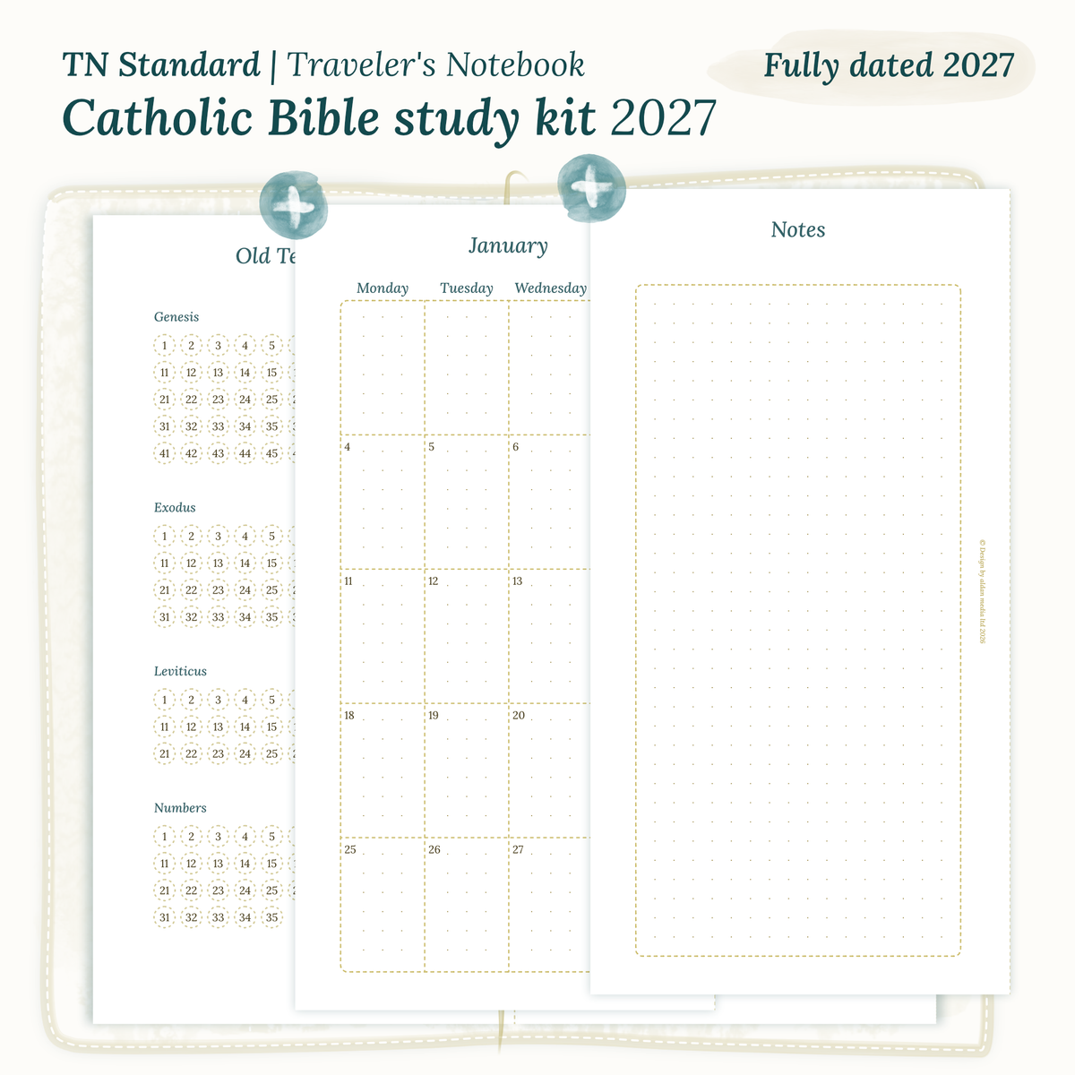 Fully dated 2027 PDF printable Catholic Bible study kit for TN Standard Traveler's Notebook including monthly calendar