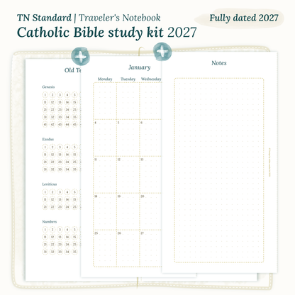 Fully dated 2027 PDF printable Catholic Bible study kit for TN Standard Traveler's Notebook including monthly calendar