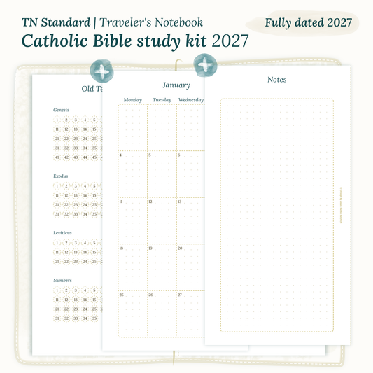 Fully dated 2027 PDF printable Catholic Bible study kit for TN Standard Traveler's Notebook including monthly calendar