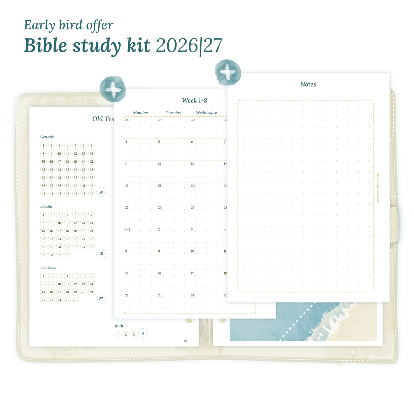 Calendar printable Bible study kit including modules for 2026 and 2027 for A5 size 6 ring binder planner.
