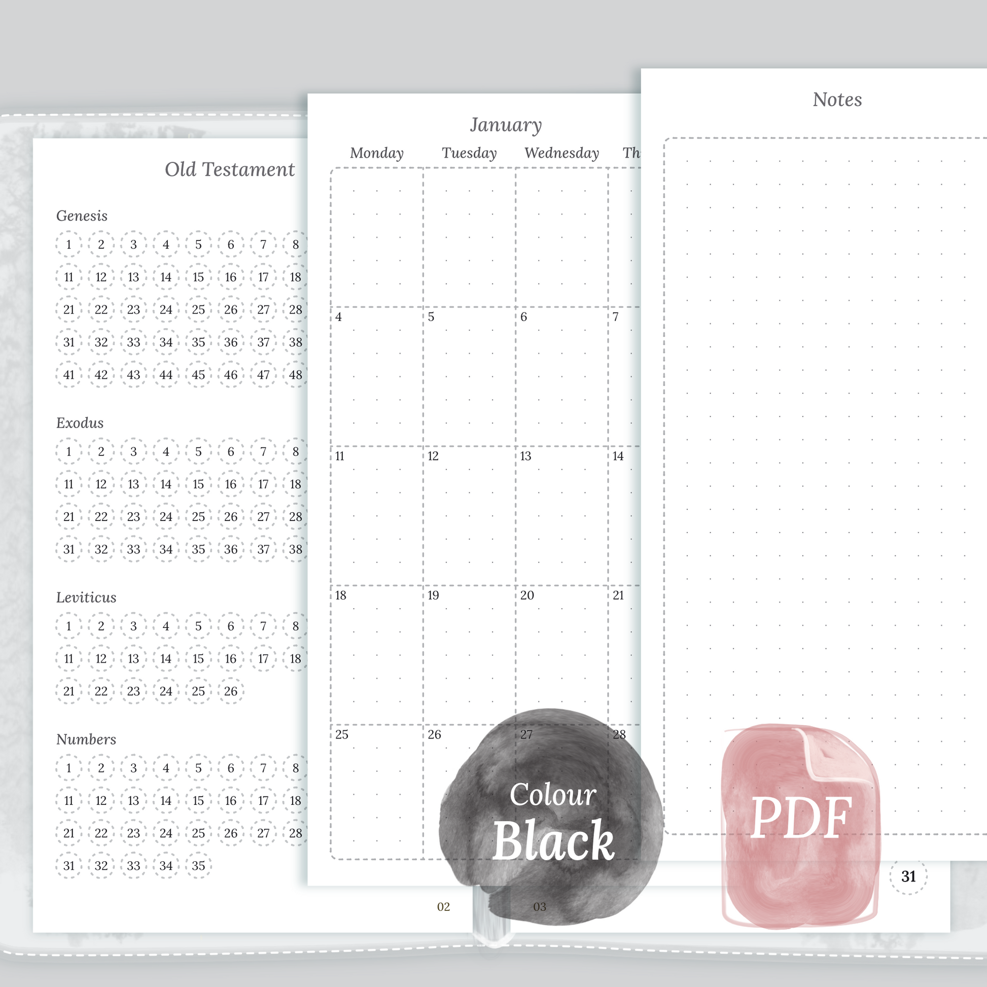 Examples featuring the printable Bible study kit inserts modules Bible journey map, M2P month on 2 pages and Notes in the colour Black & White for Personal size 6 ring binder.