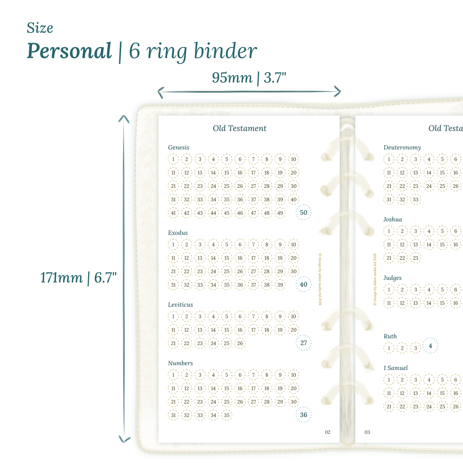 Calendar PDF printable planner insert with dimensions labeled on a white background to show the size supported which is Personal for 6 ring binder.