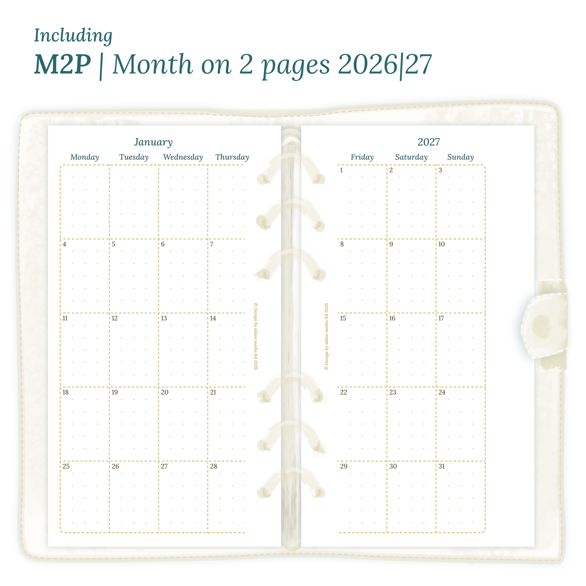 Open planner showing details of the printable planner inserts module M2P month on 2 pages for January 2026 till December 2027 for Personal size 6 ring binder.