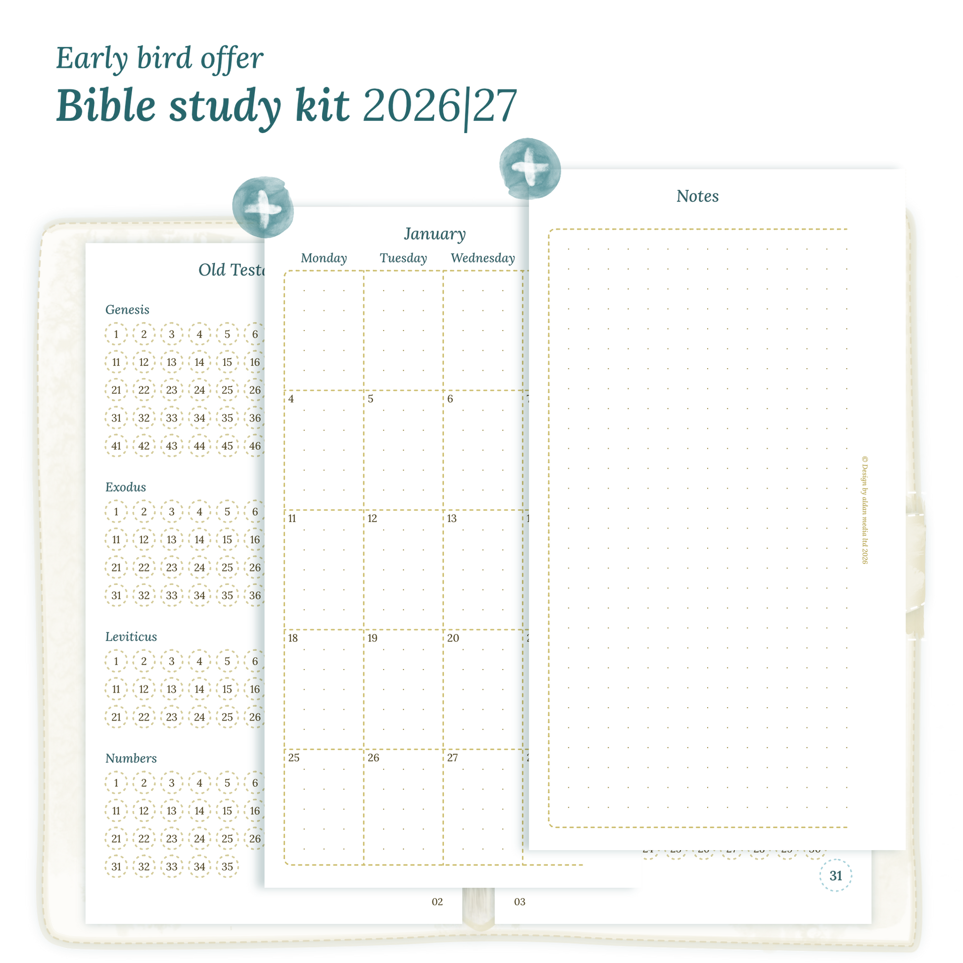 Calendar printable Bible study kit including modules for 2026 and 2027 for Personal size 6 ring binder planner.