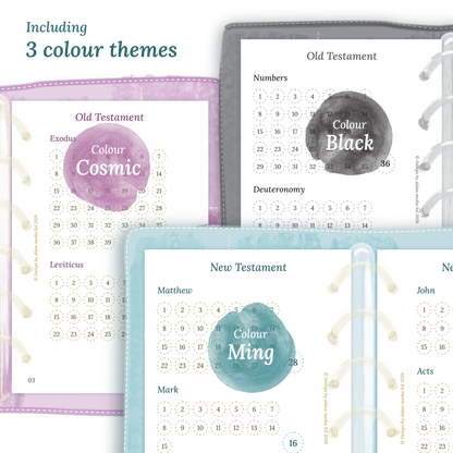 Three colour variants of the Bible study kit designs with colour themes 'Cosmic', 'Black', and 'Ming' displayed to show how they look like on the modules Bible journey map and M2P month on 2 pages.