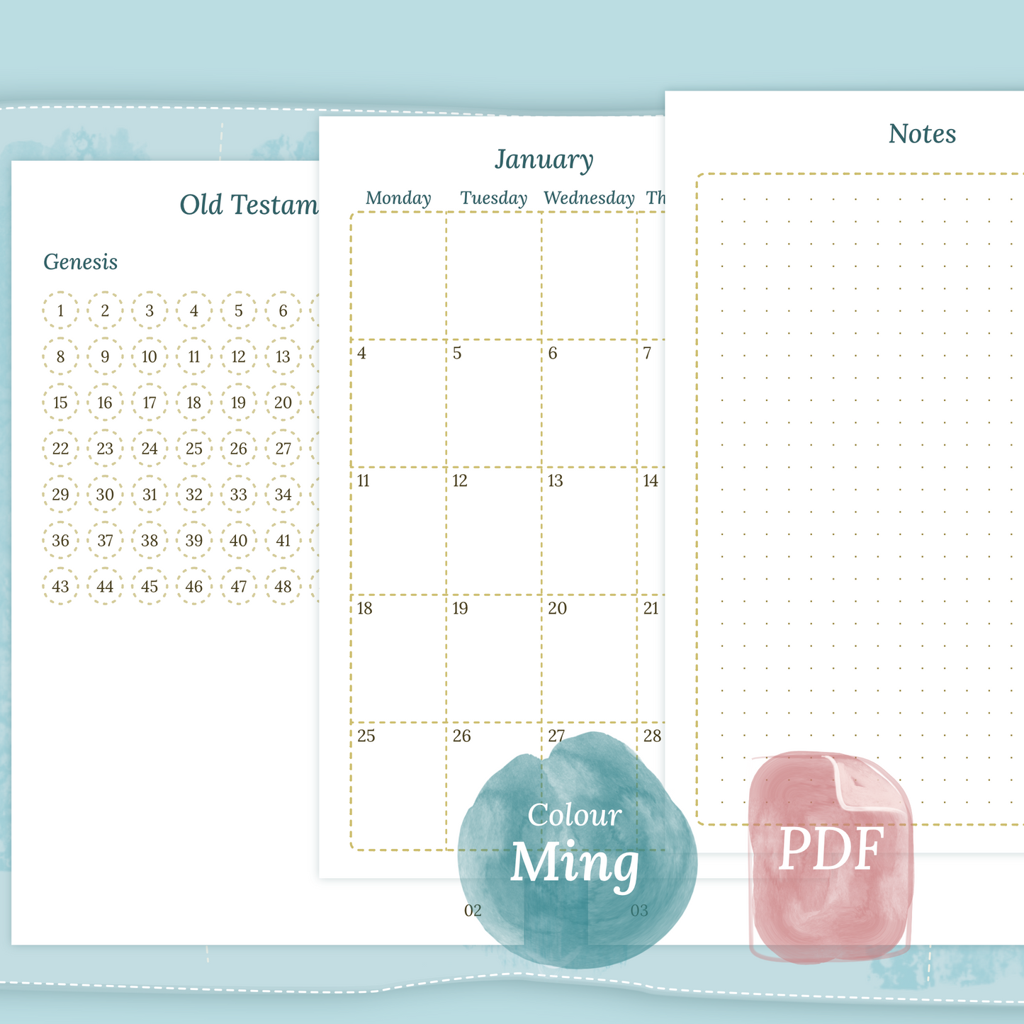 Examples featuring the printable Bible study kit inserts modules Bible journey map, M2P month on 2 pages and Notes in the colour Ming/Blue for Pocket size 6 ring binder.