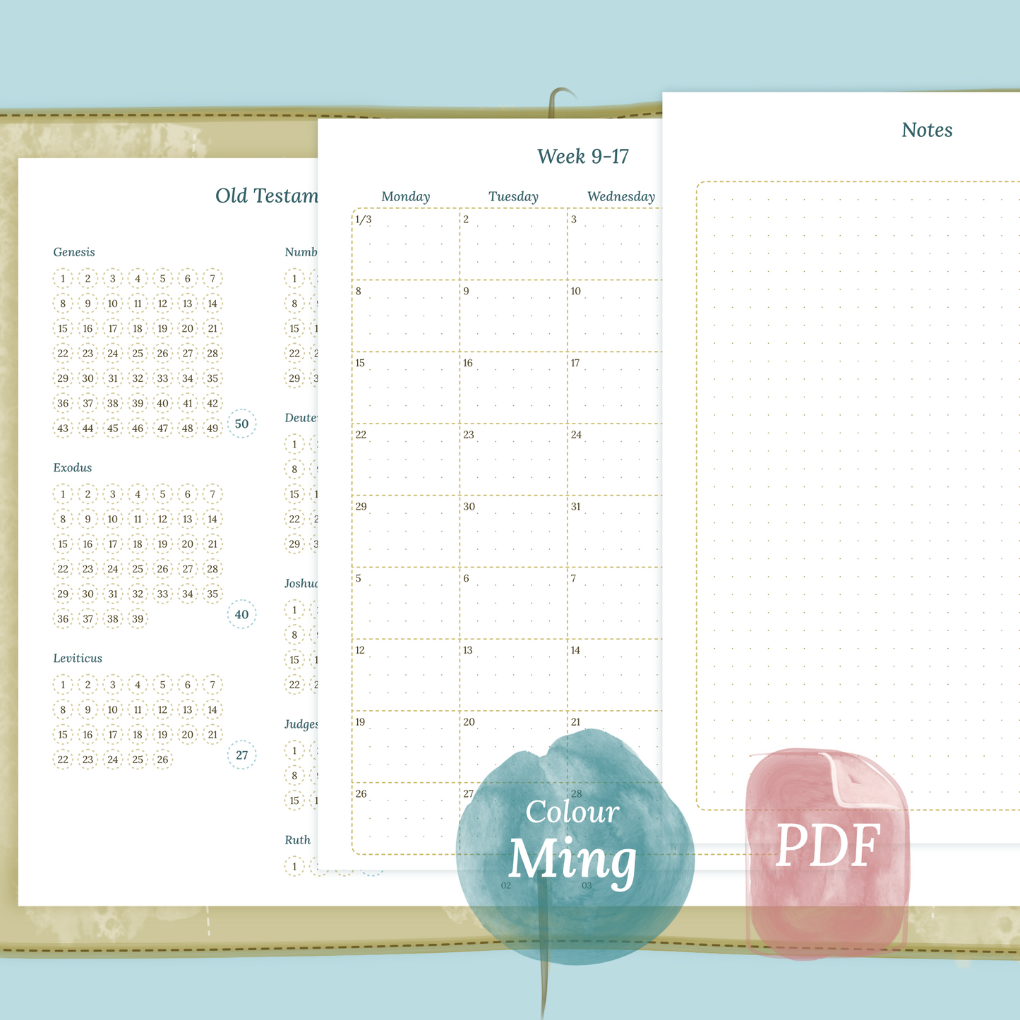 Examples featuring the printable Bible study kit inserts modules Bible journey map, 9W2P 9 weeks on 2 pages and Notes in the colour Ming/Blue.