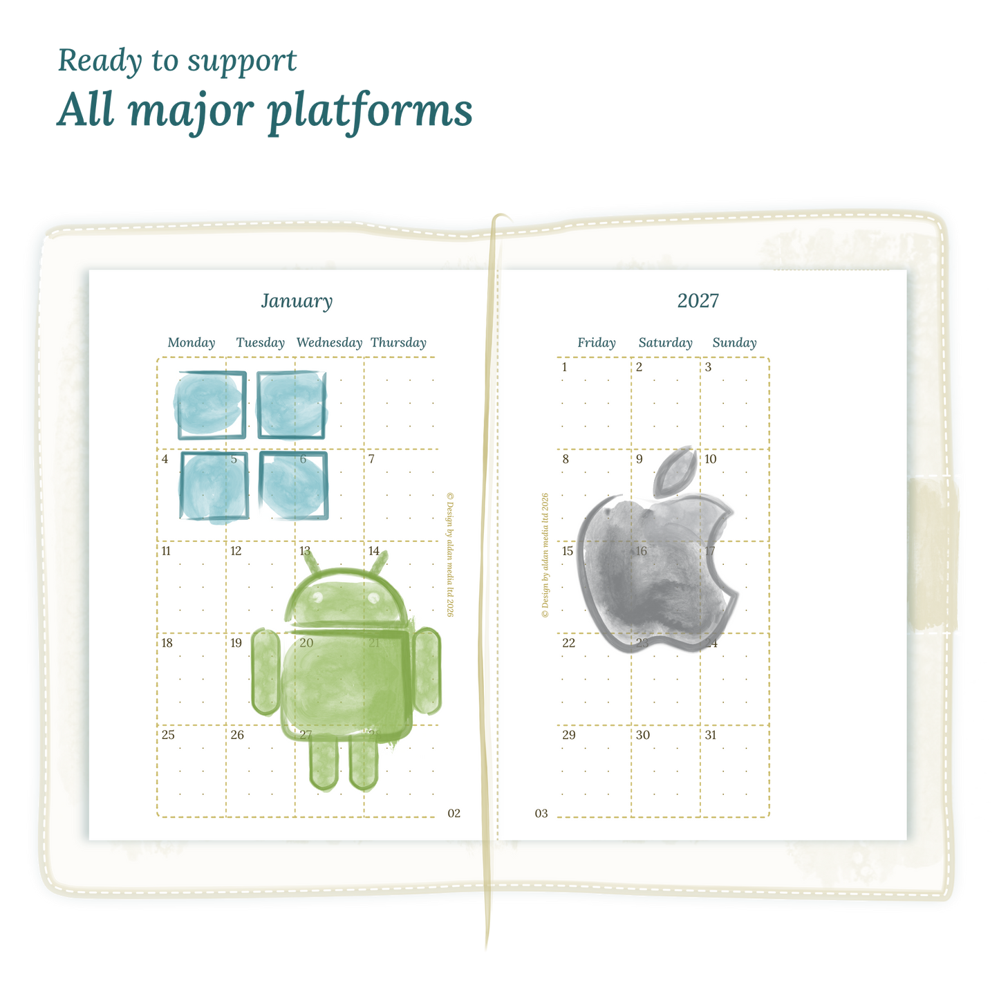 Open planner calendar insert with Windows, Android and Apple logos on a white background to show what operating systems are supported by our PDF printables.