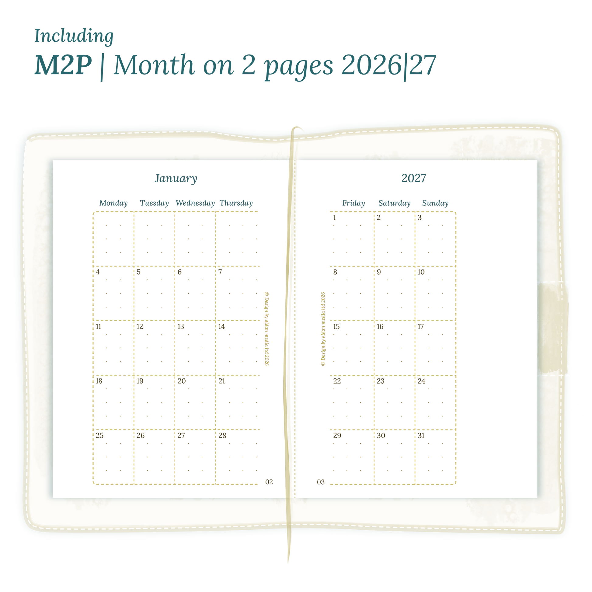 Open planner showing details of the PDF printable planner inserts module M2P month on 2 pages for January 2026 till December 2027 for Passport size Traveler's Notebook.