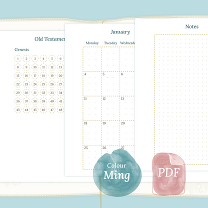 Examples featuring the PDF printable Bible study kit inserts modules Bible journey map, M2P month on 2 pages and Notes in the colour Ming/Blue for Passport size Traveler's Notebook.