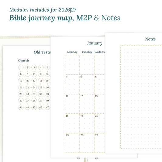 Printable Bible study kit PDF printable inserts with modules for the years 2026 and 2027 featuring a Bible journey map, M2P Month on 2 pages and a Notes module.
