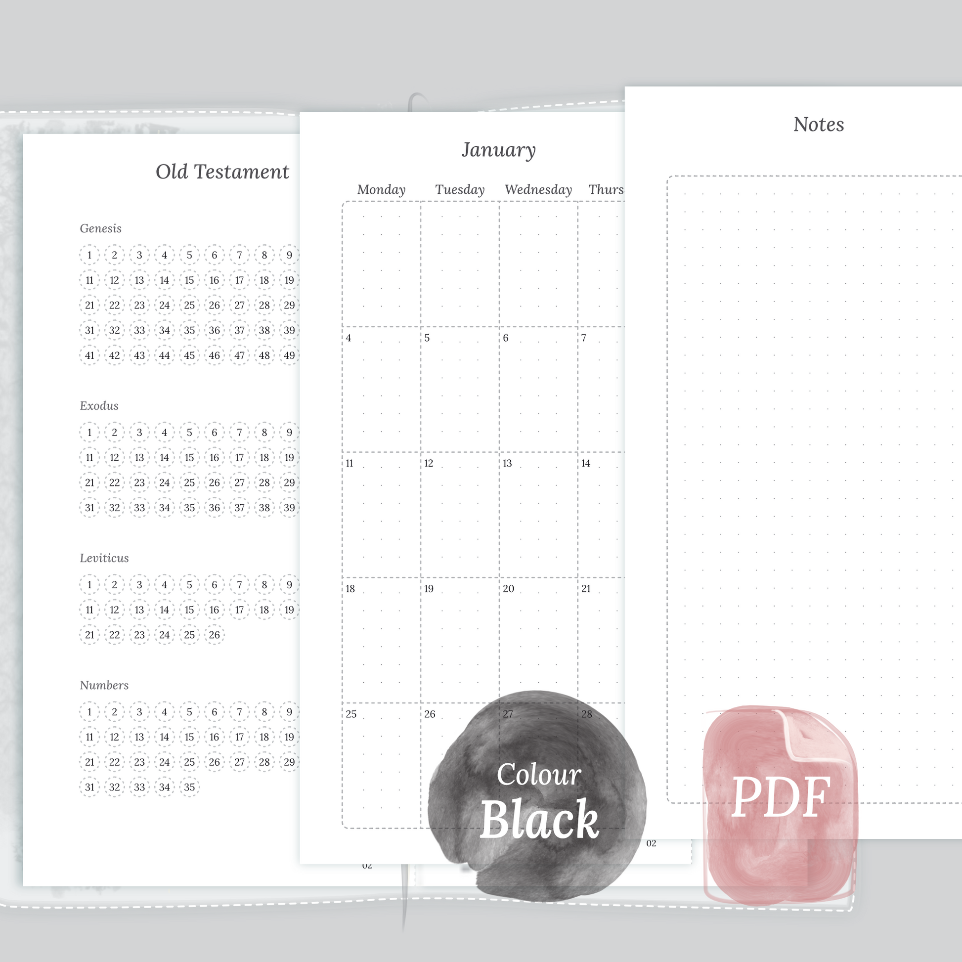 Examples featuring the PDF printable Bible study kit inserts modules Bible journey map, M2P month on 2 pages and Notes in the colour Black & White for Standard size Traveler's Notebook.